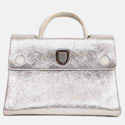 Pre Owned Christian Dior Silver Crinkle Leather 'Diorever' Medium Top Handle with Strap