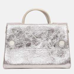 Pre Owned Christian Dior Silver Crinkle Leather 'Diorever' Medium Top Handle with Strap
