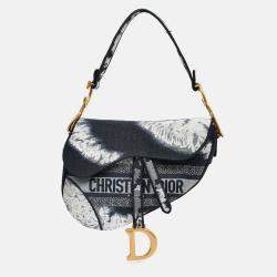 Pre Owned Christian Dior 2020 Navy Blue/White Embroidered Jacquard Saddle Bag