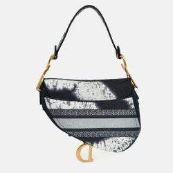 Pre Owned Christian Dior 2020 Navy Blue/White Embroidered Jacquard Saddle Bag