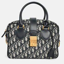 Pre Owned Christian Dior 2017 Navy Oblique Jacquard Bowling Bag with Strap