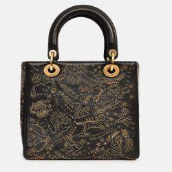 Pre Owned Christian Dior 2017 Black Leather Zodiac Embroidered Medium Lady D-Lite Bag with Strap