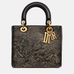 Pre Owned Christian Dior 2017 Black Leather Zodiac Embroidered Medium Lady D-Lite Bag with Strap