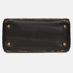 Pre Owned Christian Dior 2017 Black Leather Zodiac Embroidered Medium Lady D-Lite Bag with Strap