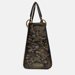Pre Owned Christian Dior 2017 Black Leather Zodiac Embroidered Medium Lady D-Lite Bag with Strap