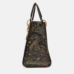 Pre Owned Christian Dior 2017 Black Leather Zodiac Embroidered Medium Lady D-Lite Bag with Strap