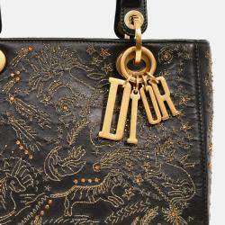 Pre Owned Christian Dior 2017 Black Leather Zodiac Embroidered Medium Lady D-Lite Bag with Strap