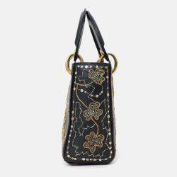 مملوكة مسبقًا حقيبة ديور ليدي ديور ميني جلد أسود تطريز 'نفل' ذهبي 2018 كريستيان ديور