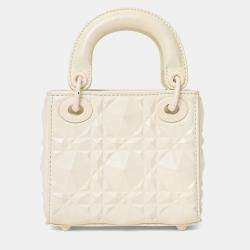 Pre Owned حقيبة ديور ليدي ميكرو 2022 جلد عجل كاناج أبيض بلون غير لامع بزخرفة ماسية كريستيان ديور
