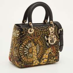 Pre Owned حقيبة يد ديور ليدي ديور متوسطة جلد أسود مطرزة بالحيوانات