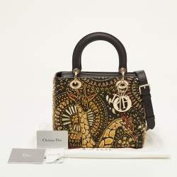 Pre Owned حقيبة يد ديور ليدي ديور متوسطة جلد أسود مطرزة بالحيوانات