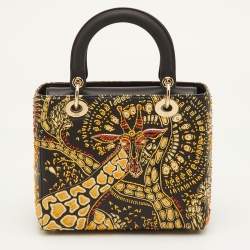 Pre Owned حقيبة يد ديور ليدي ديور متوسطة جلد أسود مطرزة بالحيوانات