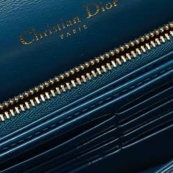 Pre Owned Dior Teal Blue Cannage Patent Leather Lady Dior Wallet On Chain