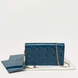 Pre Owned Dior Teal Blue Cannage Patent Leather Lady Dior Wallet On Chain