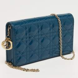 Pre Owned Dior Teal Blue Cannage Patent Leather Lady Dior Wallet On Chain