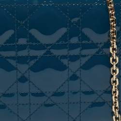 Pre Owned Dior Teal Blue Cannage Patent Leather Lady Dior Wallet On Chain