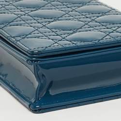 Pre Owned Dior Teal Blue Cannage Patent Leather Lady Dior Wallet On Chain