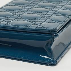 Pre Owned Dior Teal Blue Cannage Patent Leather Lady Dior Wallet On Chain