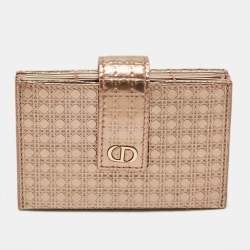 Pre Owned Dior Lady Dior 5 Gusset Rose Gold Microcannage Patent Leather Card Holder