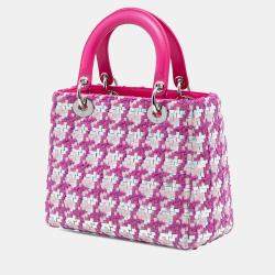 Pre Owned Dior Pink Silver Medium Lambskin And Tweed Lady Dior