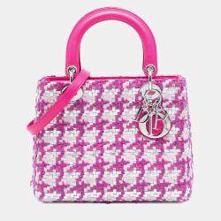 Pre Owned Dior Pink Silver Medium Lambskin And Tweed Lady Dior