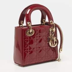 Pre Owned حقيبة يد ديور ليدي ديور صغيرة جلد لامع كاناج أحمر