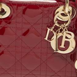 Pre Owned حقيبة يد ديور ليدي ديور صغيرة جلد لامع كاناج أحمر