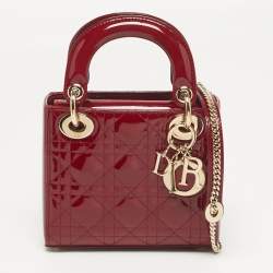 Pre Owned Dior Lady Dior Mini Red Cannage Patent Leather Tote