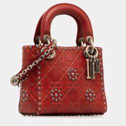 مملوكة مسبقًا حقيبة ديور ليدي ديور زهور مرصعة كاناج جلد عجل منقوش صغيرة حمراء
