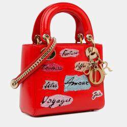 مملوكة مسبقًا Dior Red Mini Calfskin Sequin Embellished Lady Dior
