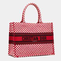 Pre Owned Dior Red DiorAmour Medium Embroidered Canvas Dots Book Tote