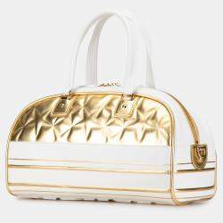 Pre Owned حقيبة بولينغ ديور فايتب زيبر جلدي مذهب أبيض متوسطة محشوة إيتويل