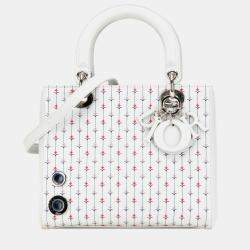 Pre Owned Dior White Medium Calfskin Embroidered Flower Lady Dior