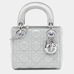 Pre Owned حقيبة ديور ليدي ديور كاناج جلد حمل فضي صغيراً متقزح الألوان