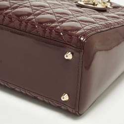 Pre Owned حقيبة يد توتس ديور ليدي ديور كبيرة جلد لامع كاناج بورغندي