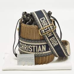 مملوكة مسبقًا Dior Tan/Navy Blue Canvas and Wicker Drawstring Bucket Bag