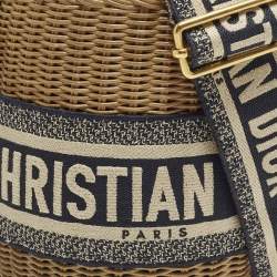 مملوكة مسبقًا Dior Tan/Navy Blue Canvas and Wicker Drawstring Bucket Bag
