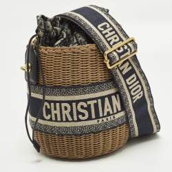مملوكة مسبقًا Dior Tan/Navy Blue Canvas and Wicker Drawstring Bucket Bag
