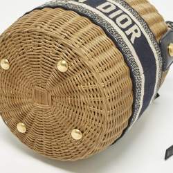 مملوكة مسبقًا Dior Tan/Navy Blue Canvas and Wicker Drawstring Bucket Bag