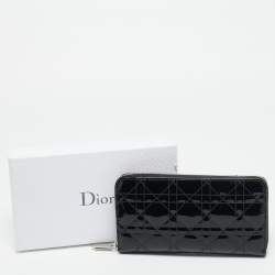 Pre Owned Dior Lady Dior Black Cannage Patent Leather  Zip Around Wallet