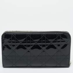 Pre Owned Dior Lady Dior Black Cannage Patent Leather  Zip Around Wallet
