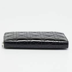 Pre Owned Dior Lady Dior Black Cannage Patent Leather  Zip Around Wallet