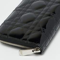 Pre Owned Dior Lady Dior Black Cannage Patent Leather  Zip Around Wallet