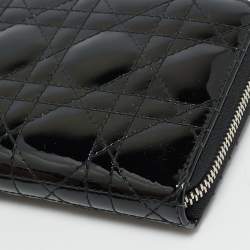 Pre Owned Dior Lady Dior Black Cannage Patent Leather  Zip Around Wallet