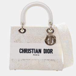 Pre Owned Christian Dior Lady D-Lite Medium White Embroidered Canvas Handbag