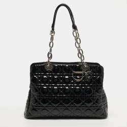 Pre Owned Dior Soft Lady Dior Medium Cannage Black Patent Leather Shopper Tote
