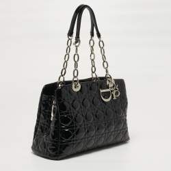 Pre Owned Dior Soft Lady Dior Medium Cannage Black Patent Leather Shopper Tote