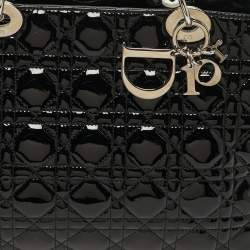 Pre Owned Dior Soft Lady Dior Medium Cannage Black Patent Leather Shopper Tote