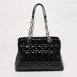 Pre Owned Dior Soft Lady Dior Medium Cannage Black Patent Leather Shopper Tote