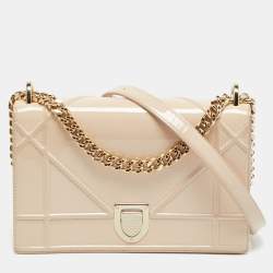 Pre Owned Dior Diorama Medium Beige Patent Leather Shoulder Bag